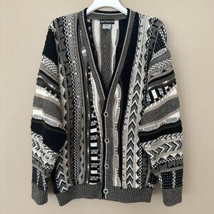 Vintage 90s Bachrach Cardigan Grandpa Sweater Men M Wool Wavy 3D Cosby Black Gra